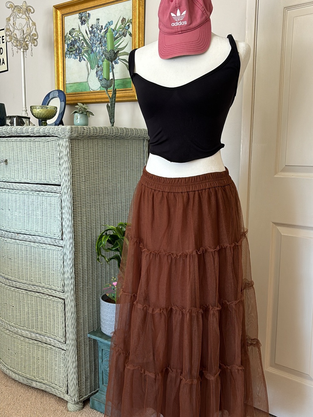Brown Tiered Mesh tulle Maxi Skirt - Women